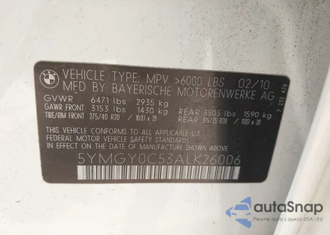 2010 BMW X5 M из США, поврежденный, VIN 5YMGY0C53ALK26006